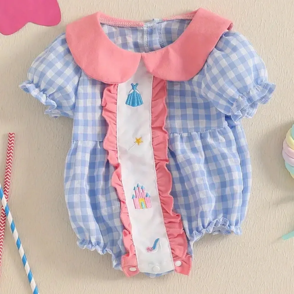 Princess Castle Disney Design Pink & Blue Gingham 6-12 Months Peter Pan Collar